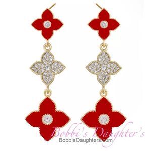 💎243💎 14k Gold Red Four-Leaf Clover Diamond Earrings Long